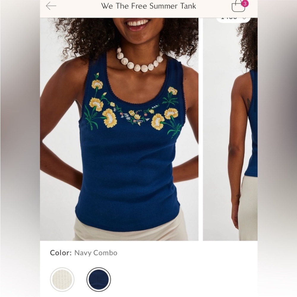 Free People NWT Embroidered Scoop Neck Tank Top - Navy - Picture 5 of 7